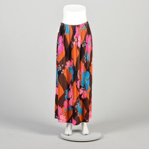 Small 1970s Floral Argyle Skirt Orange Brown Black Diamonds Pink Blue Flowers Pleated Maxi Skirt 