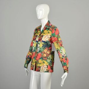 M 1970s Hawaiian Tropical Shirt Andrade Colorful Floral Silky Disco Long Sleeve Wing Collar Blouse  - Fashionconservatory.com
