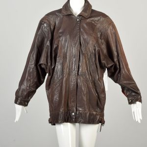 Large 1980s Brown Leather Batwing Dolman Sleeve Oversized Jacket 