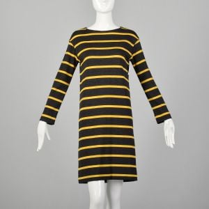 Small 1960s Goldworm Mod Striped Wool Knit Dress Long Sleeve Gray and Yellow