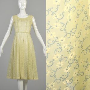 Small 1950s Sheer Yellow Flocked Floral Dress Sleeveless Sun Dress Summer Spring 