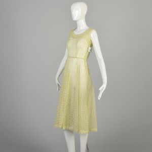 Small 1950s Sheer Yellow Flocked Floral Dress Sleeveless Sun Dress Summer Spring  - Fashionconservatory.com
