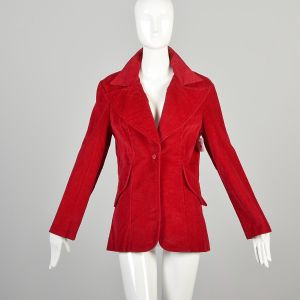 Large 1970s Cranberry Red Corduroy Jacket Blazer with Wide Lapel 
