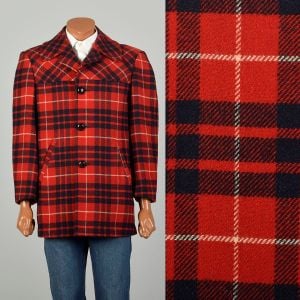 46L Large 1950s Red Plaid Coat Pendleton Wool 