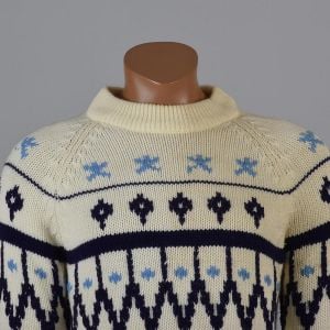 Medium 1960s Sweater Cream Blue Scandinavian Fair Isle Print Ribbed Knit Pullover  - Fashionconservatory.com