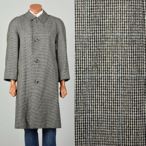 1980s Medium Gray Wool Blue Woven Plaid Windowpane Men's Overcoat 