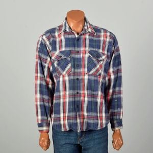 Large 1980s Blue Red Plaid Flannel Shirt Button Down Five Brother Grunge Patina Distressed 