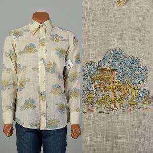 1970s Large Cream Novelty Print Western Shirt by County Seat Brand Landscape Print Gauze