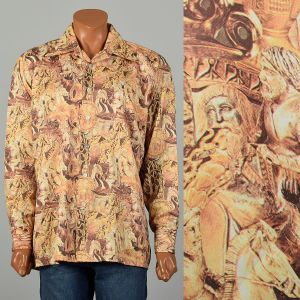 XL 1970s Gold Tone Shirt Greco-Roman Gods Photo Collage Novelty Joe Namath Long Sleeve Button Down 