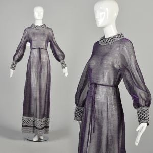 1970s Purple Lurex Belted Maxi Dress with Nude Slip