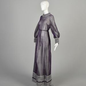 1970s Purple Lurex Belted Maxi Dress with Nude Slip - Fashionconservatory.com