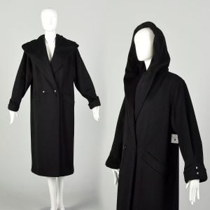 Large 1980s Black Hooded Wool Overcoat Heavy Winter Weight Double Breasted