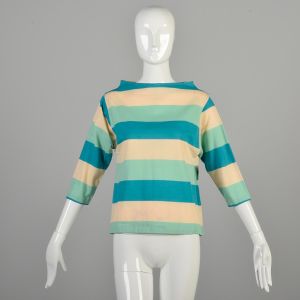 Large 1960s Striped Robin's Egg Blue Teal and Cream Boat Neck Knit Top Tee Sweater Top Casual S