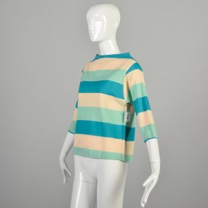 Large 1960s Striped Robin's Egg Blue Teal and Cream Boat Neck Knit Top Tee Sweater Top Casual S - Fashionconservatory.com