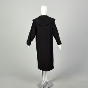 Large 1980s Black Hooded Wool Overcoat Heavy Winter Weight Double Breasted - Fashionconservatory.com