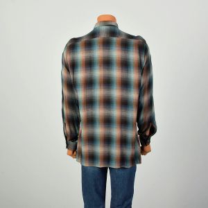 1950s Large Blue Brown Plaid Rayon Shirt Button Down Loop Collar Chevella Square Bottom Shadow Plaid - Fashionconservatory.com