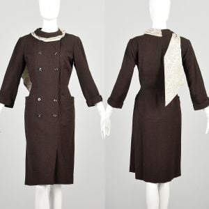 Small 1950s Brown Wool Wiggle Day Dress with Attached Horse Scarf Double Breasted Bracelet Sleeves 