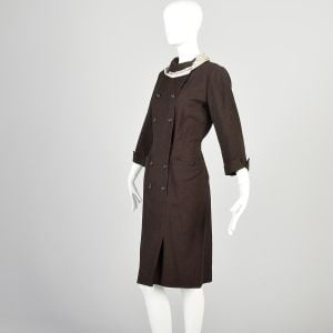 Small 1950s Brown Wool Wiggle Day Dress with Attached Horse Scarf Double Breasted Bracelet Sleeves  - Fashionconservatory.com