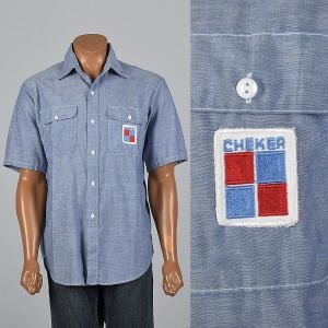 XL 1960s Mens Chambray Uniform Shirt Short Sleeve Blue Gas Station Button Up