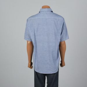 XL 1960s Mens Chambray Uniform Shirt Short Sleeve Blue Gas Station Button Up - Fashionconservatory.com