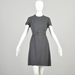 Small 1960s Gray Wool Short Sleeve Dress with Self Belt and Small Buckles