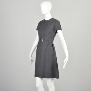 Small 1960s Gray Wool Short Sleeve Dress with Self Belt and Small Buckles - Fashionconservatory.com