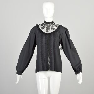 Large 1970s Black Lace Blouse Victorian Style Prairie Goth 
