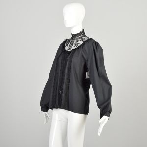 Large 1970s Black Lace Blouse Victorian Style Prairie Goth  - Fashionconservatory.com