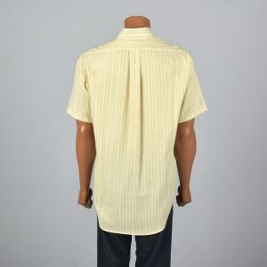 XL 1950s Mens Shirt Short Sleeve Yellow Striped Round Bottom White Collared Button Down - Fashionconservatory.com