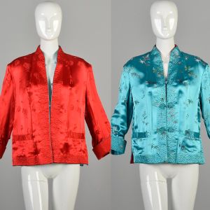 XL 1960s Reversible Red and Blue Asian Patterned Silky Jacket