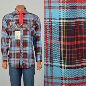 Medium 1950s Blue Red Plaid Shirt Pearl Snap Western Cowboy Red Bowtie Long Sleeve DEADSTOCK