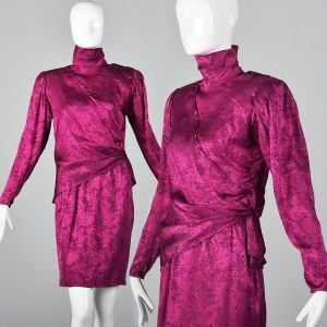 Large 1980s Skirt Set Emanuel Ungaro Hot Pink Asymmetrical Long Sleeve  Top Star Print Pencil Skirt