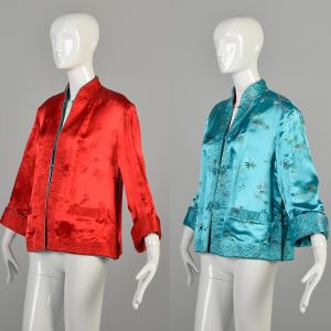 XL 1960s Reversible Red and Blue Asian Patterned Silky Jacket - Fashionconservatory.com