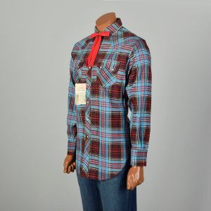 Medium 1950s Blue Red Plaid Shirt Pearl Snap Western Cowboy Red Bowtie Long Sleeve DEADSTOCK - Fashionconservatory.com