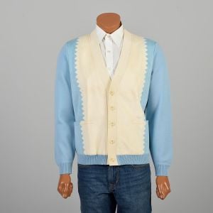 Large 1980s Baby Blue & Cream UltraSuede Cardigan Sweater