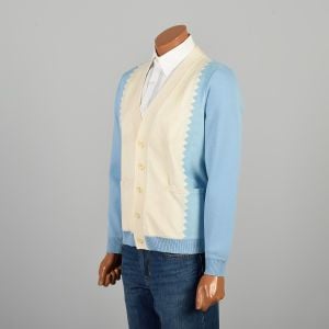 Large 1980s Baby Blue & Cream UltraSuede Cardigan Sweater - Fashionconservatory.com