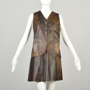 Small 1970s Brown Leather Two Piece Set Mini Skirt and Vest