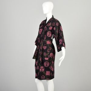 Large/XL 1970s Japanese Robe Made in Japan Black Cotton Short Sleeve Wrap Belted Robe - Fashionconservatory.com