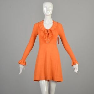 XS 1970s Dayglo Tangerine Orange Buttoned Ruffle Mini Ribbed Knit Dress Tuxedo Bust