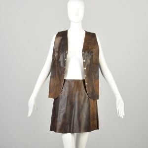 Small 1970s Brown Leather Two Piece Set Mini Skirt and Vest - Fashionconservatory.com