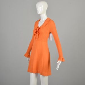 XS 1970s Dayglo Tangerine Orange Buttoned Ruffle Mini Ribbed Knit Dress Tuxedo Bust - Fashionconservatory.com