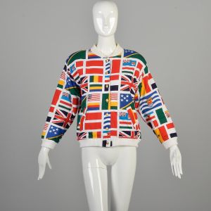 Medium 1990s Bomber Jacket International Flag Print Cotton Buttoned Ribbed Knit Jacket 