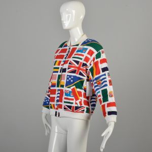 Medium 1990s Bomber Jacket International Flag Print Cotton Buttoned Ribbed Knit Jacket  - Fashionconservatory.com