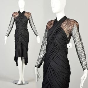 Small/Medium 1980s Black Lace Draped Illusion Dress