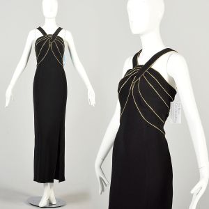 Large/XL 1990s Black Formal Dress with Golden Trim