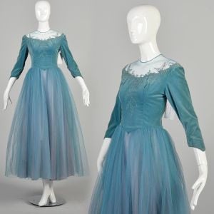 1950's Small Smoky Blue Velvet Illusion Bust Tulle Prom Dress Formal Embroidered