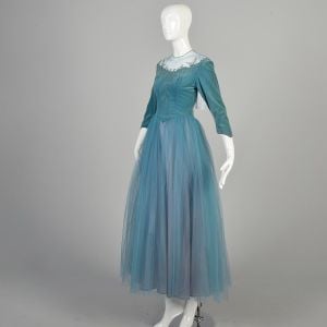 1950's Small Smoky Blue Velvet Illusion Bust Tulle Prom Dress Formal Embroidered - Fashionconservatory.com
