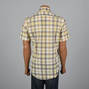 Large 1970s Mens Plaid Shirt Short Sleeve Patch Pocket Collared Yellow Gray Button Down - Fashionconservatory.com