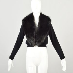 Small 1950s Black Cashmere Fur Collar Cropped Cardigan Sweater 