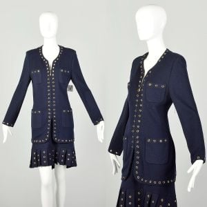 Medium 2000s Navy Blue Knit Skirt Suit Set Gold Grommets Pleated